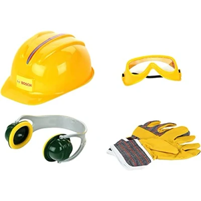 Abbildung von BOSCH Theo Klein 8537 Zubehör Set Hochwertige Arbeitshandschuhe, Brille, Ohrenschützer und Helm Design Verpackungsmaße: 30 cm x 38 10 Spielzeug für Kinder ab 3 Jahren