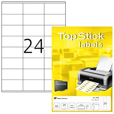 Abbildung von TopStick 8400 Adressetiketten, 25 Blatt, 70 x 36 mm, 24 pro A4 Bogen, 600 Stück, selbstklebend, bedruckbar, matt, blanko Papier Adressaufkleber Etiketten, weiß