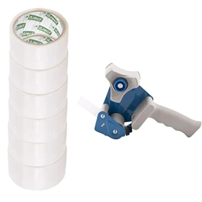 Abbildung von D.RECT Klebeband Handabroller mit 6 transparenten Paketklebeband Rollen 50m x 48mm hochwertiger robuster für Klebebänder bis zu 50 mm Breite inklusive Packband, Transparent