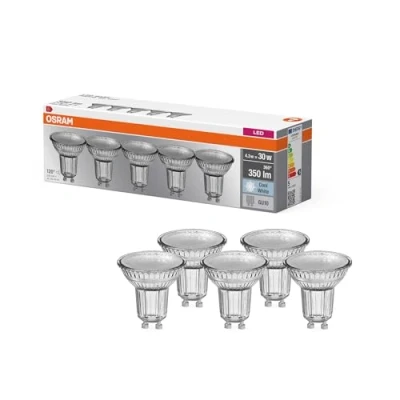 Abbildung von OSRAM LED BASE PAR16 50, Reflektor Lampen aus Glas für GU10 Sockel, Kaltweiß (4000K), Ersatz herkömmliche 50W Spotlampen, 5 Stück (1er Pack)