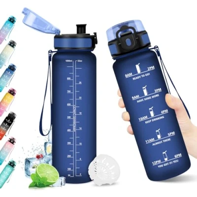 Abbildung von Trinkflasche 1L, mit Filter, Auslaufsicher, Wasserflasche Zeitmarkierung, BPA frei, Sportflasche für Fitness, Fahrrad, Büro, Schule, Outdoor, Yoga, Erwachsene, Sprudel geeignet