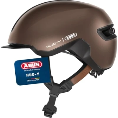 Abbildung von ABUS Urban Helm HUD Y mit magnetischem, aufladbarem LED Rücklicht &amp; Magnetverschluss cooler Fahrradhelm für den Alltag Damen und Herren Braun, Größe M