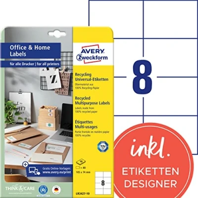 Abbildung von AVERY Zweckform LR3427 10 Recycling Etiketten (80 Adressaufkleber, 105x74mm auf A4, 100% recyceltes Altpapier, bedruckbare Versandetiketten, selbstklebende Versandaufkleber) Blatt, naturweiß