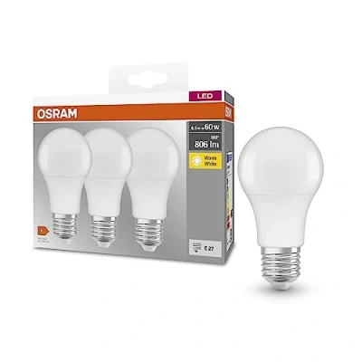 Abbildung von OSRAM BASE CLASSIC A 60 FR LED Lampe mit Sockel E27, Kolbenform, 3er Pack, 8,5W, 806lm, 2700K, warmweißes Licht, geringere Wärmeentwicklung, sehr geringer Energieverbrauch, lange Lebensdauer