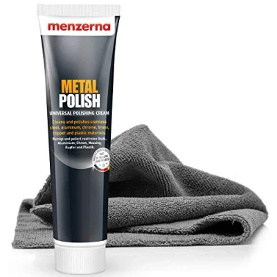 Abbildung von detailmate: Menzerna Metal Polish 125 gr Tube reinigt Edelstahl, Aluminium, Chrom, Kupfer, Silber, Kunststoff verleiht Auspuff, Kühlergrill, Zierleisten perfekten Glanz + Mikrofaser Poliertuch