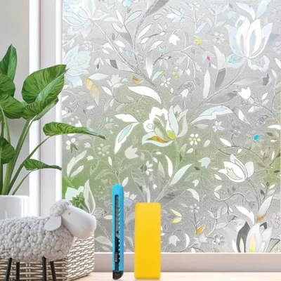 Abbildung von Zindoo 3D ohne Klebstoff Fensterfolie Dekorfolie Sichtschutzfolie Blumen Tulpe Privatsphäre Schutz Fenster Folie für Heim Kueche Buero 90 x 300 cm