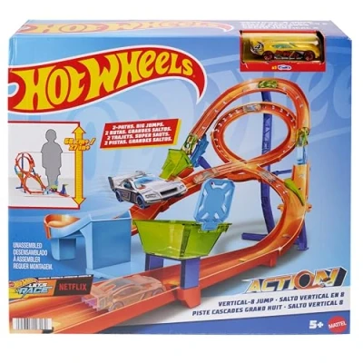 Abbildung von Hot Wheels Trackset mit 1 Fahrzeug, Rennstrecke 8er Kurve für Stunt und Rennaction, lässt Sets verbinden zur Aufbewahrung zusammenklappen, HMB15