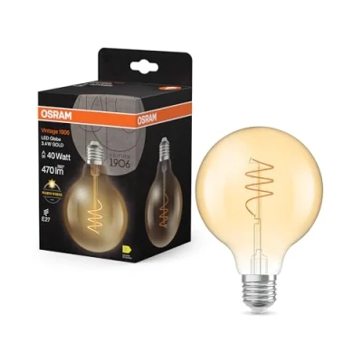 Abbildung von OSRAM Vintage 1906 Globe ist eine warmweiße LED Lampe mit spiralförmigem Filament in klassischer Ballform. Sie bietet 3.4 W für 470 lm, E27 Fassung, goldfarbenes Glas, 95 mm Durchmesser, 2700 K.