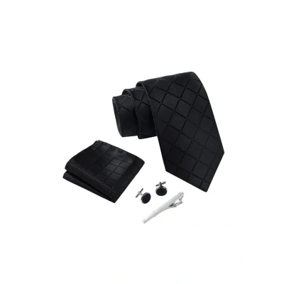 Abbildung von Massi Morino Krawatte Schwarz Quadrat mit Einstecktuch Set Herren inkl. Manschettenknöpfe, Krawattennadel und Geschenkbox Männer Krawattenset