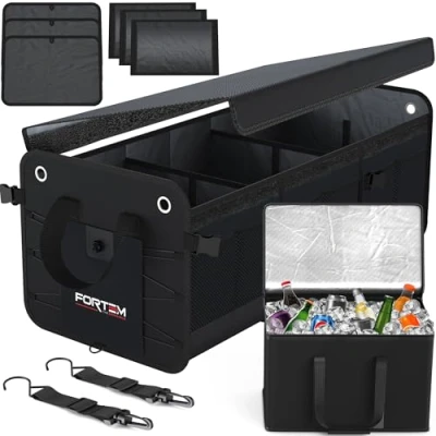 Abbildung von FORTEM Kofferraum Organizer, Kofferraumtasche, Zusammenklappbarer Auto Organizer mit Fächern, Rutschfester Boden, Verstellbare Sicherungsriemen, Klappbarer Deckel (Extragroß Kühler)