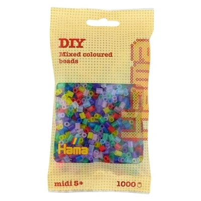 Abbildung von Hama Perlen 207 53 Bügelperlen Beutel mit ca. 1.000 bunten Midi Bastelperlen Durchmesser 5 mm im Transparent Mix, kreativer Bastelspaß für Groß und Klein