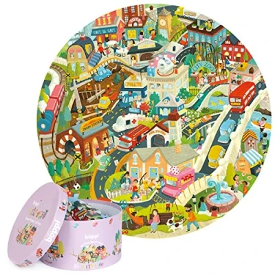 Abbildung von boppi City Life rundes Jigsaw Puzzle aus 100% recyceltem Karton, Tiere, Fahrzeuge, Gebäude und Menschen 150 Teile für Kinder 3 4 5 6 7 8 Jahre, 58cm Durchmesser