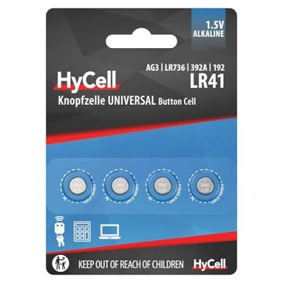 Abbildung von HyCell Alkaline Knopfzellen LR41 1,5V, 4 Stück, AG3 GP192 L736, lange haltbar, für Taschenrechner, Spielzeug, Uhr