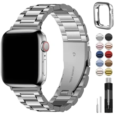 Abbildung von Fullmosa Kompatibel mit Apple Watch SE Armband 40mm 41mm 38mm Damen Herren, Metallarmband Edelstahl Bands für Series 9 8 7 6 5 4 3 2 1 iwatch Armbänder Silber