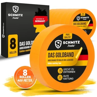 Abbildung von SCHMITZ.Tools Goldband Abklebeband Maler Profi (30mm x 50m) 8x Malerklebeband für Malerarbeiten und Renovierungen Abdeckband Klebeband zum Streichen, Lackieren Malerband 30mm