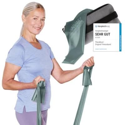 Abbildung von TheraBand 2,50m inkl. Türanker + Tasche grün Widerstand 2,1kg Terrabänder Gymnastikband Fitnessband Stretchband Heimtraining, Krafttraining, Rückenübungen, Therapie, Reha 100% Naturlatex
