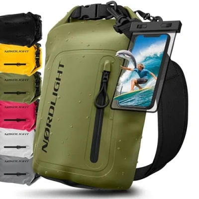 Abbildung von Nordlight Dry Bag wasserdichte Tasche mit Handyhülle + Roll Top, Schultergurt Drybag wasserfester Rucksack Beutel Packsack Seesack Wassersack Wetbag Baden Schwimmen Strand SUP Olivgrün, 10 Liter