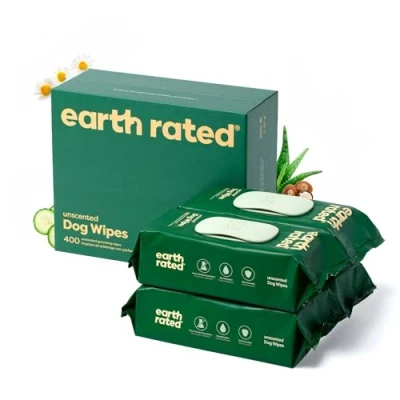 Abbildung von Earth Rated Feuchttücher für Hunde, neues aussehen, dicke Pflegetücher auf pflanzlicher Basis zur einfachen Anwendung an Pfoten, Körper und Hintern, unparfümiert, 400 Stück