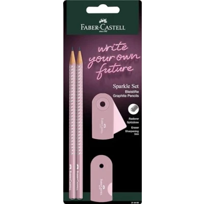 Abbildung von FABER CASTELL 218480 Bleistifte Set Sparkle, mit Spitzer, Radiergummi und 2 Bleistifte, Schreibset Sleeve in rose shadow