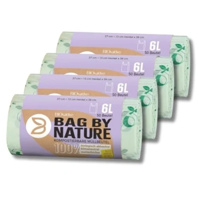 Abbildung von 6L Biomüllbeutel mit Henkel: 200 Müllbeutel, Made in Germany, 100% kompostierbar und biologisch abbaubar 6 Wochen, klimaneutral, reißfeste Biobeutel, auch als 10L, 20L, 30L
