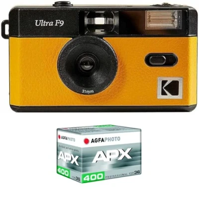 Abbildung von KODAK Pack F9 Silber + 400 ASA Filmstreifen Kamera, wiederaufladbar, 35 mm, Gelb, festes Weitwinkelobjektiv, optischer Sucher, integrierter Blitz Film APX 00, 36 Aufnahmen
