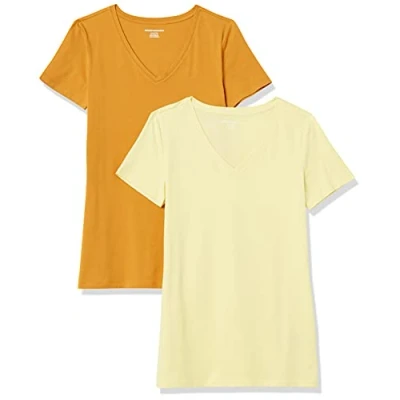 Abbildung von Amazon Essentials Damen Kurzärmeliges T Shirt mit V Ausschnitt, Klassischer Schnitt, 2er Pack, Goldgelb/Hellgelb, XXL