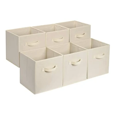 Abbildung von Amazon Basics zusammenklappbarer Aufbewahrungswürfel/Organizer aus Stoff mit Griffen, 33 cm x cm, Beige, 6 Stück, Einfarbig Beige