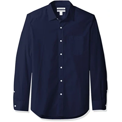 Abbildung von Amazon Essentials Herren Langärmeliges Hemd aus Popeline, Schmale Passform, Marineblau, S