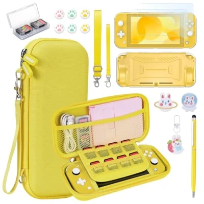 Abbildung von Switch Lite Hülle innoAura 17 in 1 Zubehör mit Tasche, Spiele Aufbewahrung, Schutzfolie für Lite, Ständer, Joystick Kappen(Gelb)