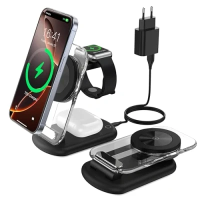Abbildung von Mag Safe Ladestation, 3 in 1 Ladegerät, faltbar einstellbar Winkel mit Atmosphärenlicht, Kompatibel Telefon iWatch/Airpods, für iWatch iPhone 16/15/14/13, Schwarz