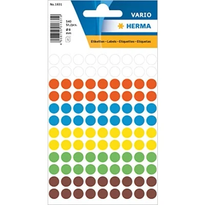 Abbildung von HERMA 1831 Punktaufkleber Klebepunkte bunt, 540 Stück, Ø 8 mm, 108 pro Bogen, selbstklebend, Markierungspunkte für Kalender Planer Basteln, matt, blanko Papier Farbpunkte Etiketten Aufkleber
