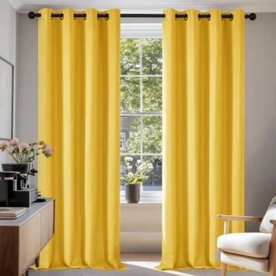 Abbildung von Deconovo Vorhang Blickdicht Ösen Kinderzimmer Thermogardine Kälteschutz, 220x140 cm(HöhexBreite), Senfgelb, 2er Set
