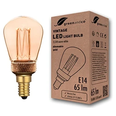 Abbildung von greenandco dimmbare Vintage Design LED Birne zur Stimmungsbeleuchtung E14 ST45 gold 2,3W 65lm 1800K extra warmweiß 320 230V flimmerfrei Edison Glühbirne