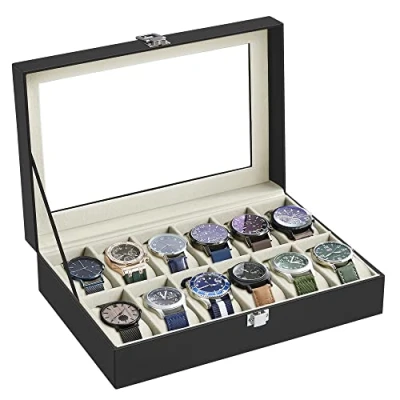 Abbildung von SONGMICS Boîte à Montres 12 Emplacements, Coffret Montres, Écrin, Couvercle en Verre, Coussinets Amovibles, Serrure Métal, Revêtement Noir et Doublure Beige Verdâtre JWB12BE
