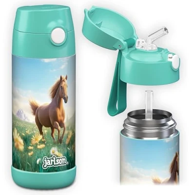Abbildung von Jarlson® Trinkflasche Kinder Edelstahl CHARLI mit Strohhalm Thermosflasche 350ml TÜV geprüft BPA frei auslaufsicher Thermo Wasserflasche für Schule, Kindergarten Pferd 2.0, 350 ml