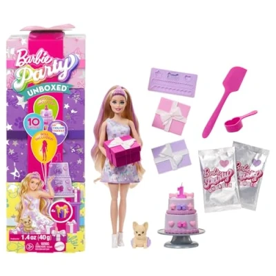 Abbildung von Barbie Party Unboxed Puppe und Accessoires, Haustier Geburtstagsserie, Birthday Bows Set mit 10 Überraschungen inklusive Farbwechseleffekt Kuchendekoration, JFG70