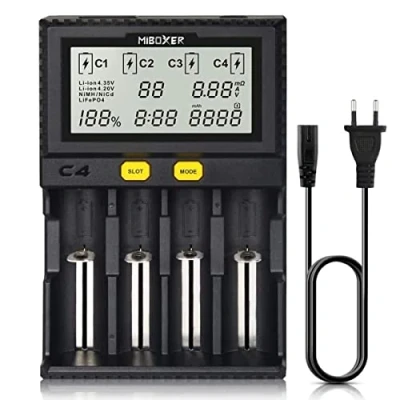 Abbildung von Universal akku Ladegerät, 18650 Baterieaufladegerät mit 4 Schacht, LCD Display Batterien Ladegerät für Li Ion LiFePO4 NI MH Cd AA AAA C 18350 18500 18700 20700 21700 26650 RCR123.