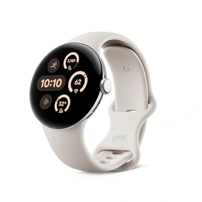 Abbildung von Google Pixel Watch 3 (41 mm) Android smartwatch with heart rate tracking, advanced running from Fitbit, fitness insights, 24 hour battery Polished Silver Aluminium Case Porcelain Active Band LTE