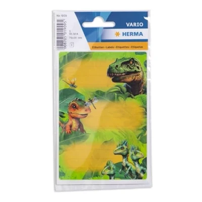 Abbildung von HERMA 1909 Buchetiketten zum Beschriften Dino World, 9 Stück, 76 x 35 mm, selbstklebend, liniert, Buchaufkleber für Schule Kinder Mädchen Jungen, mehrfarbige Heftetiketten Aufkleber, bunt