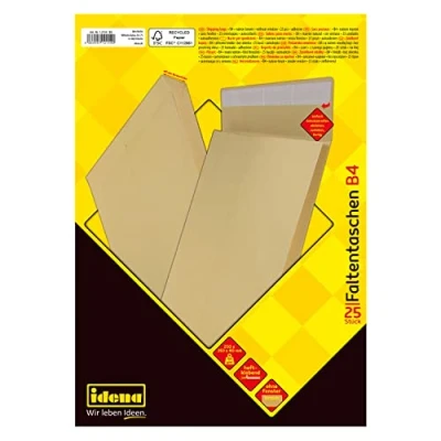 Abbildung von Idena 12154 Versandtaschen DIN B4, 25 Stück haftklebend, Faltentaschen mit 4 cm Bodenfalte, Umschläge ohne Fenster, aus 150 g/m² FSC Recycled Papier in Braun