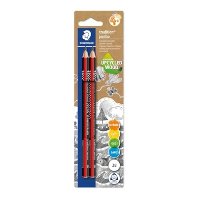 Abbildung von STAEDTLER jumbo 1285 Schreiblernbleistift, Made from Upcycled Wood, Rutschfeste Soft Oberfläche, in Germany, Blisterkarte mit 2 Bleistiften 2B, 0 BK2