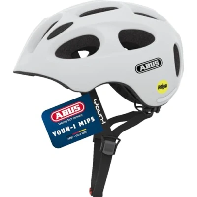 Abbildung von ABUS Kinderhelm Youn I MIPS Fahrradhelm mit Licht, Reflektoren und Aufprallschutz (MIPS) für Mädchen Jungen Weiß Matt, Größe M