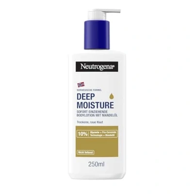 Abbildung von Neutrogena Deep Moisture Bodylotion mit Mandelöl, sofort einziehende Körperlotion für 72h intensive Feuchtigkeit, nicht fettende Hautpflege Pro Ceramide Technologie trockene Haut (250 ml)
