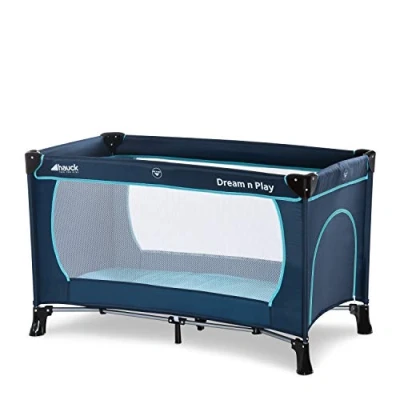 Abbildung von hauck Kinderreisebett Dream N Play Plus mit Transporttasche und Schlupf zum Spielen, Klein Zusammenklappbar, Baby Reisebett Kleinkind ab Geburt bis 15 kg (Navy/Aqua)