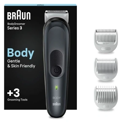Abbildung von Braun Series 3 Bodygroomer / Intimrasierer Mann, Körperpflege und Haarentfernung für Herren, Brust, Achseln, Kammaufsätze 1 mm, 80 Min. Laufzeit, BG3340