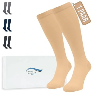 Abbildung von 360 Relief Kompressionsstrümpfe Damen und Herren 1 Paar Kompressionssocken Einfarbig für Sport, Laufen, Flug, Reise, Joggen, Radsport, Kniestrümpfe, L/XL Beige mit Wäschenetz