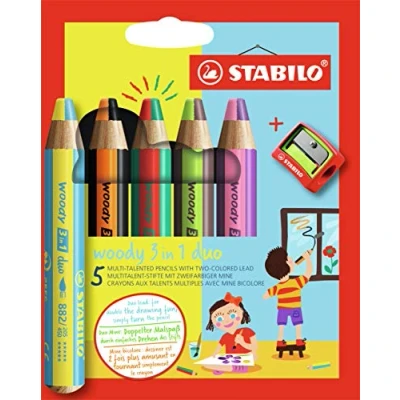 Abbildung von duo Buntstift, Wasserfarbe &amp; Wachsmalkreide STABILO woody 3 in 1 zweifarbige Mine 5er Pack mit Spitzer 5 Stiften und 10 verschiedenen Farben