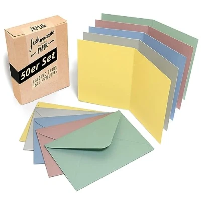 Abbildung von Japun 50er Set blanko Falt Karten inkl. Briefumschläge, Klapp zum gestalten, beschriften oder bedrucken DIN A6 / C6 pastell mix bunt