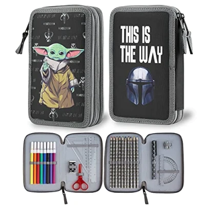 Abbildung von The Mandalorian Federmappe, gefüllt, für Kinder, Filz und Bleistift, doppeltes Fach, Schulbedarf, Geschenk, Schulanfang, Star Wars Baby Yoda