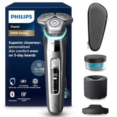 Abbildung von Philips Shaver S9000 Elektrischer Nass &amp; Trockenrasierer für Männer, Dunkelchrom, Lift Cut System, SkinIQ Technologie, Barttrimmer, Reinigungsstation, Ladestation Reiseetui (Modell S9974/55)